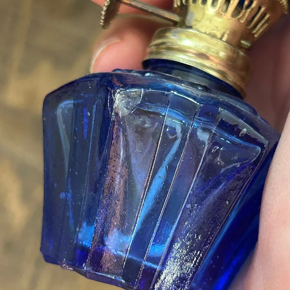 Vintage Cobalt Blue Glass Miniature Oil Lamps Set of 2 Tiny Decor